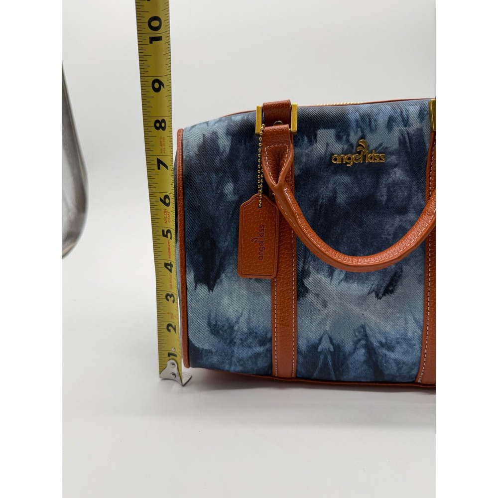 Angel Kiss Satchel Handbag Blue Tie Dye Denim Print Cognac Brown Trim Gold Tone - Picture 10 of 13